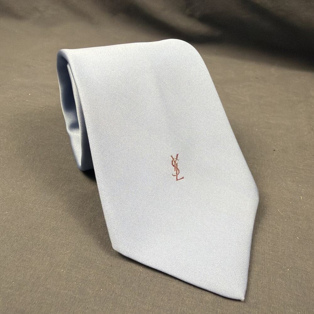Vintage Yves Saint Laurent Mens Silk Solid Light Blue YSL Logo Tie 80s/90s